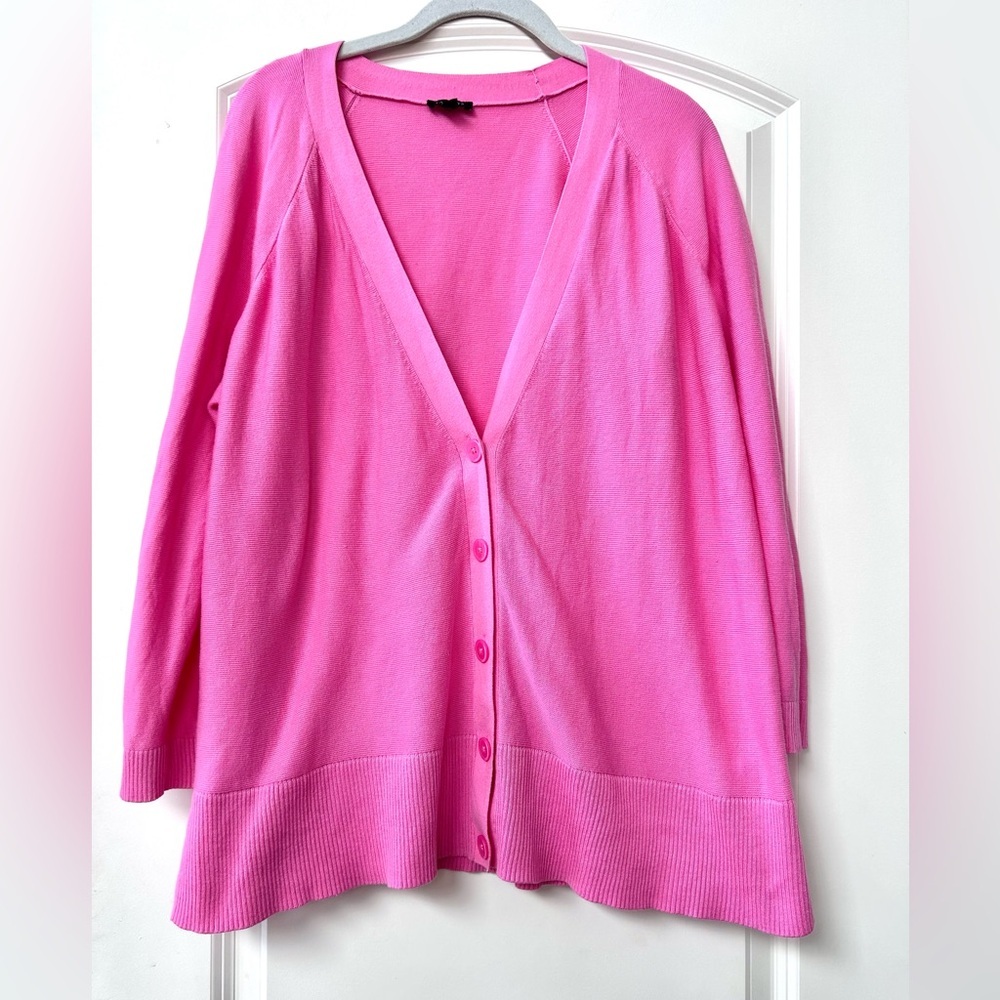 Talbots Bubble Gum Barbie Pink V neck cardigan. 3/4 sleeve. Lightweight. Spring.